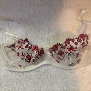 Floral Embroidered Sheer Bra - Red and White